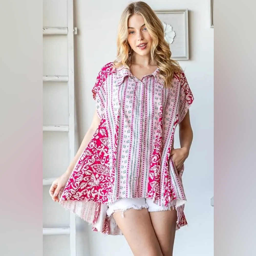 🌸 NEW! Oli & Hali . Flare  Hem. Mixed fabric print. Tunic length top.  Pink